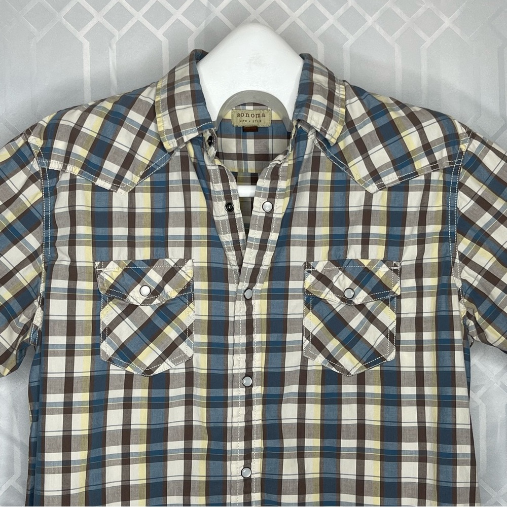 Sonoma Life + Style Western Plaid 100% Cotton Pearl Snap Shirt Large